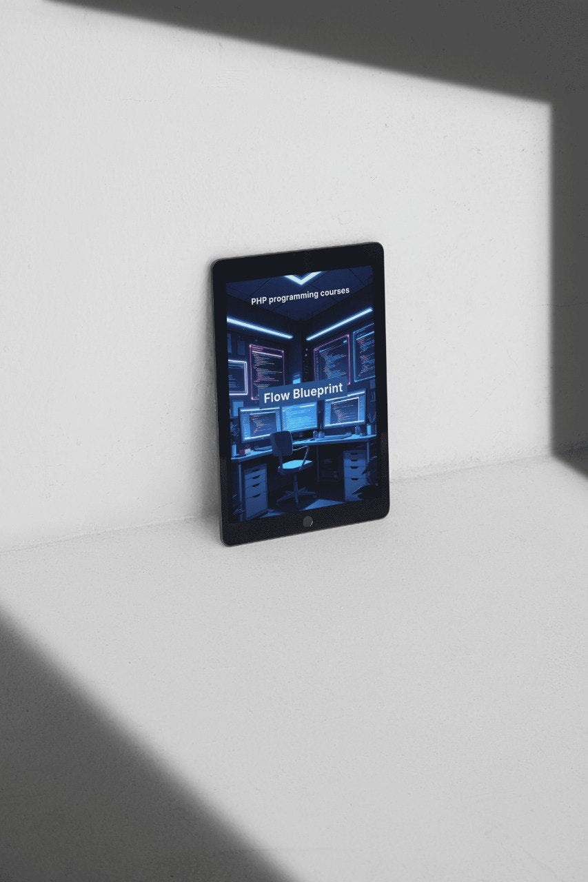 Tablet displaying a programming interface on a white surface