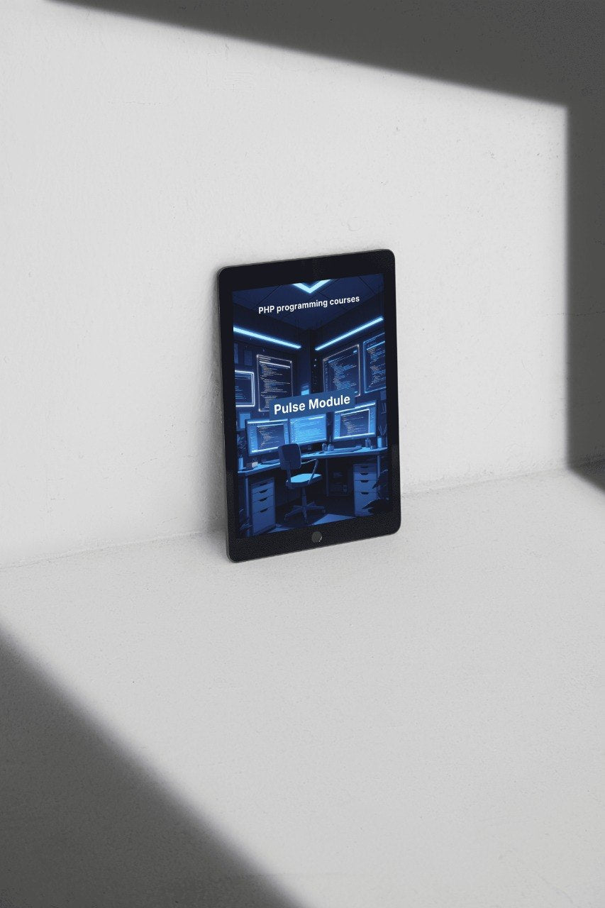 Tablet displaying a programming interface on a white surface