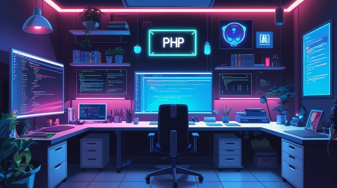 Modern office setup with multiple computer monitors displaying code and PHP, in a dark room with neon lights.