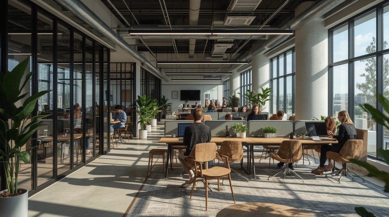 Modern office space with large windows, desks, and people working.