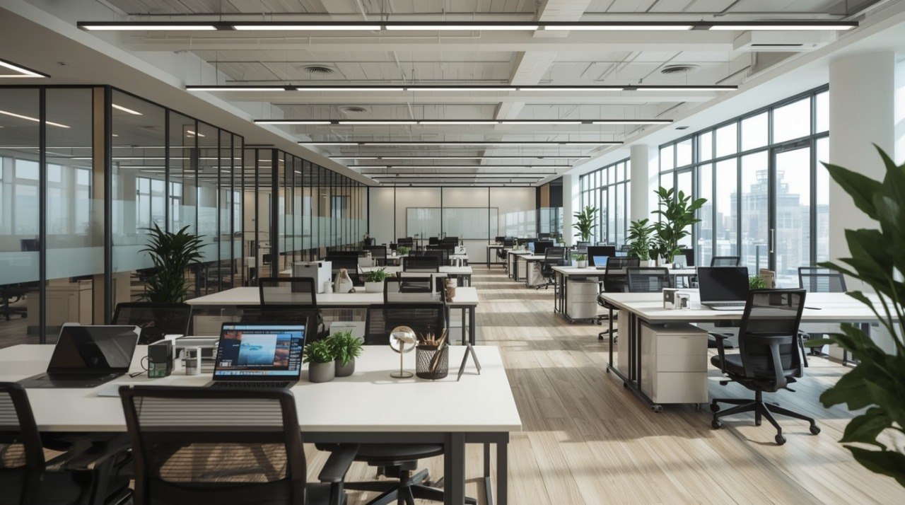 Modern office space with desks, chairs, and large windows.