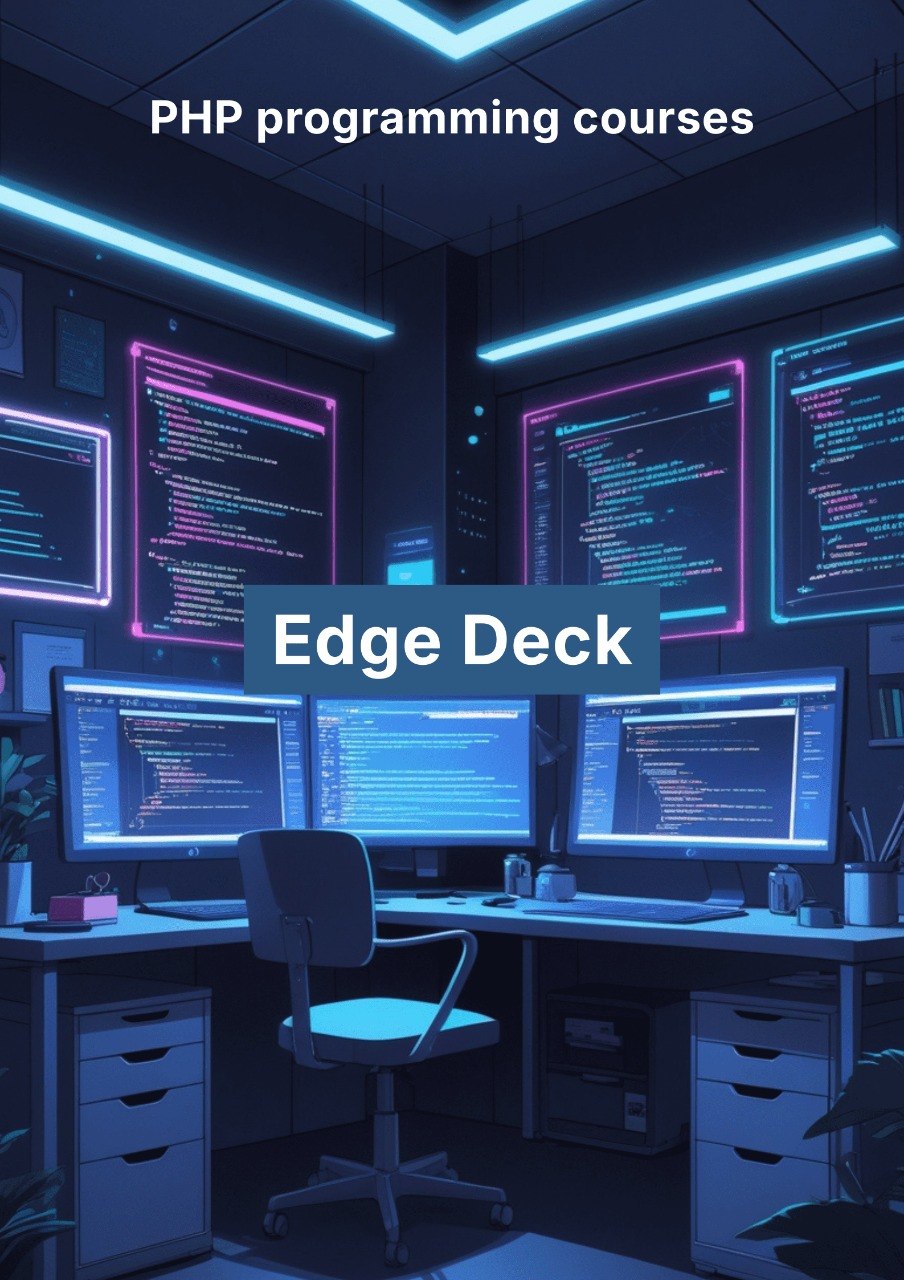 Modern office setup with multiple computer monitors displaying code, promoting PHP programming courses by Edge Deck.