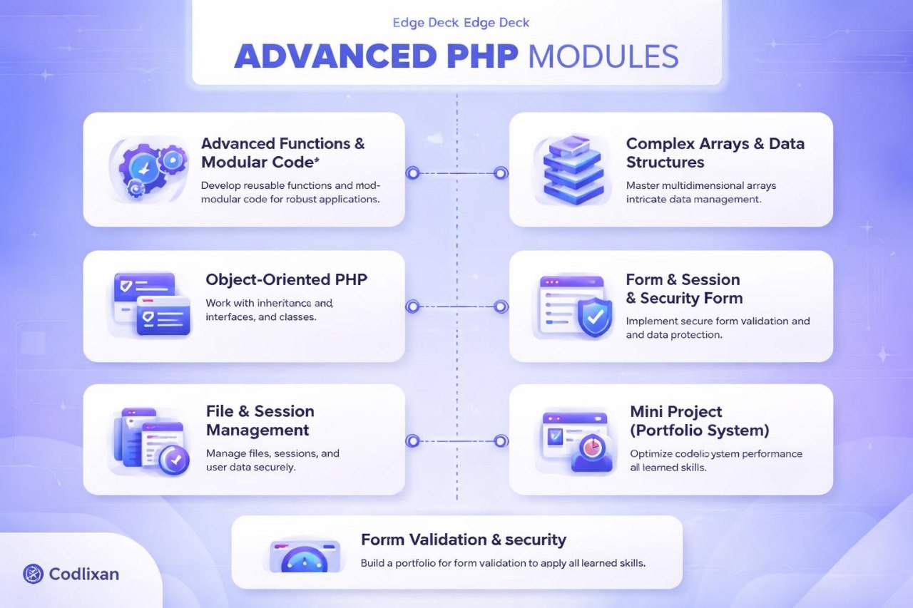 Diagram of advanced PHP modules with icons and text on a blue background