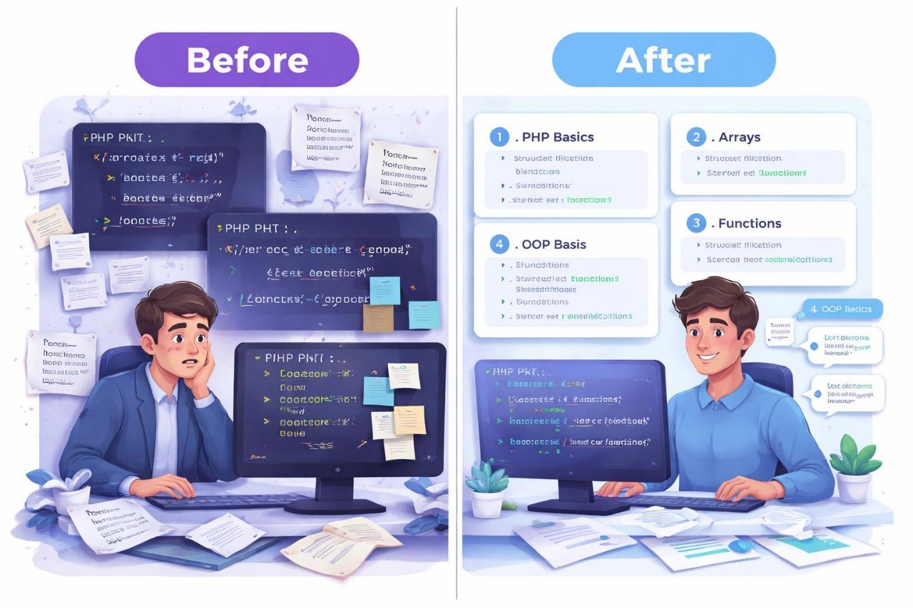 Illustration of a person working at a computer with 'Before' and 'After' comparisons on screens.