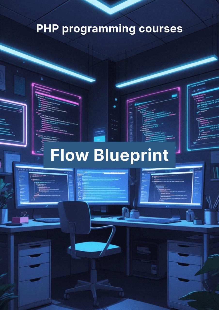 Dark room with multiple computer monitors displaying code, with 'Flow Blueprint' and 'PHP programming courses' text.