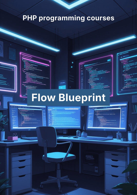 Dark room with multiple computer monitors displaying code, with 'Flow Blueprint' and 'PHP programming courses' text.