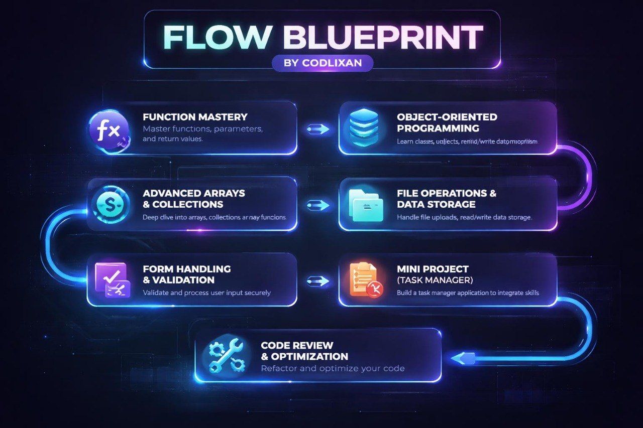 Flow blueprint diagram by Codlikan with various programming concepts on a dark background