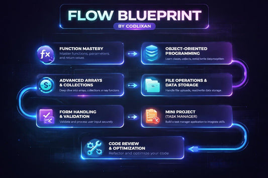 Flow blueprint diagram by Codlikan with various programming concepts on a dark background