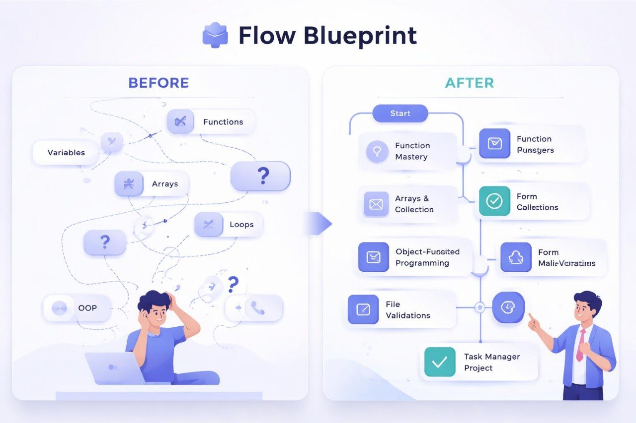 Flow Blueprint comparison before and after with icons and text on a light background