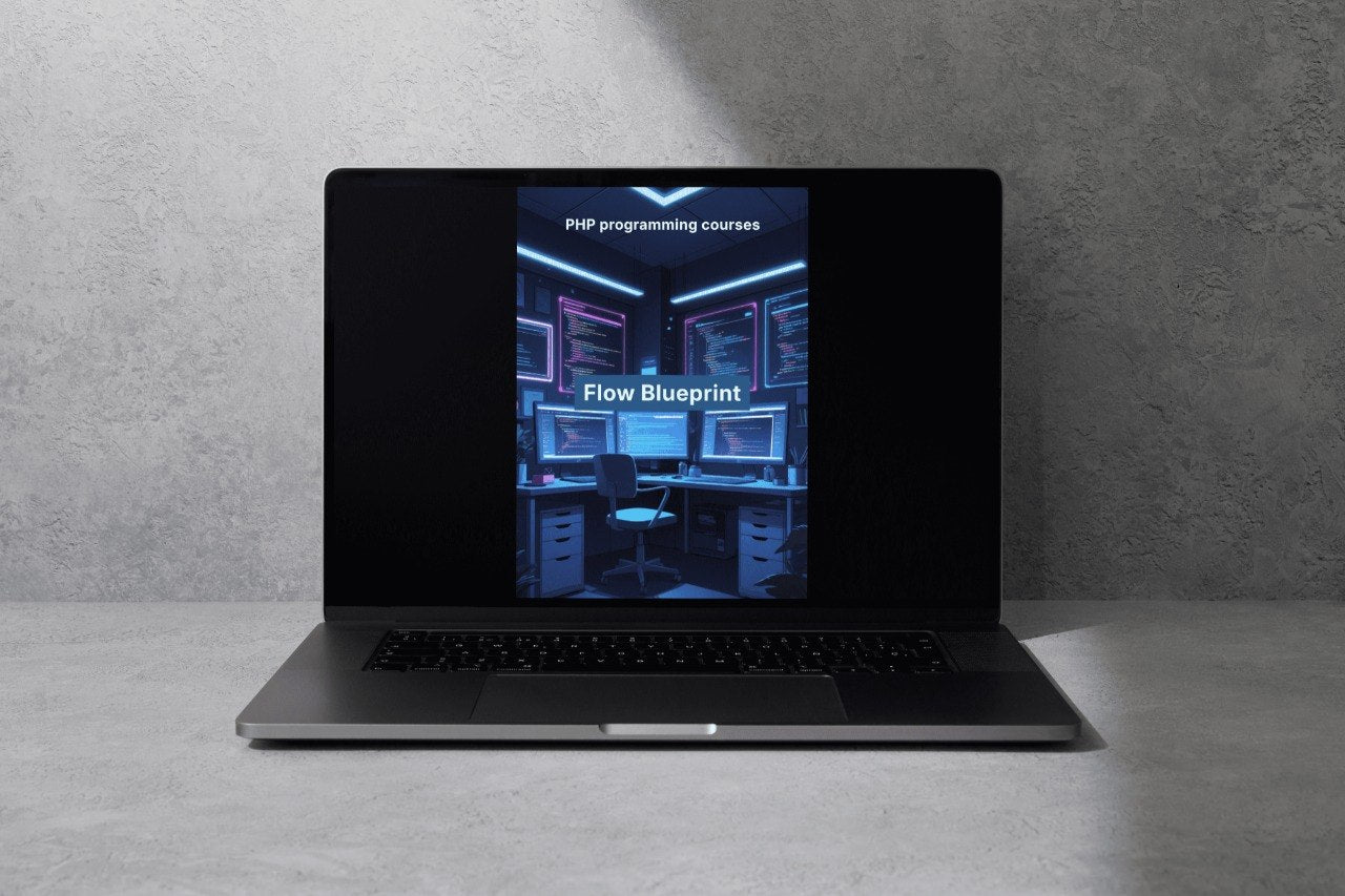 Laptop displaying a screen with text on a gray surface