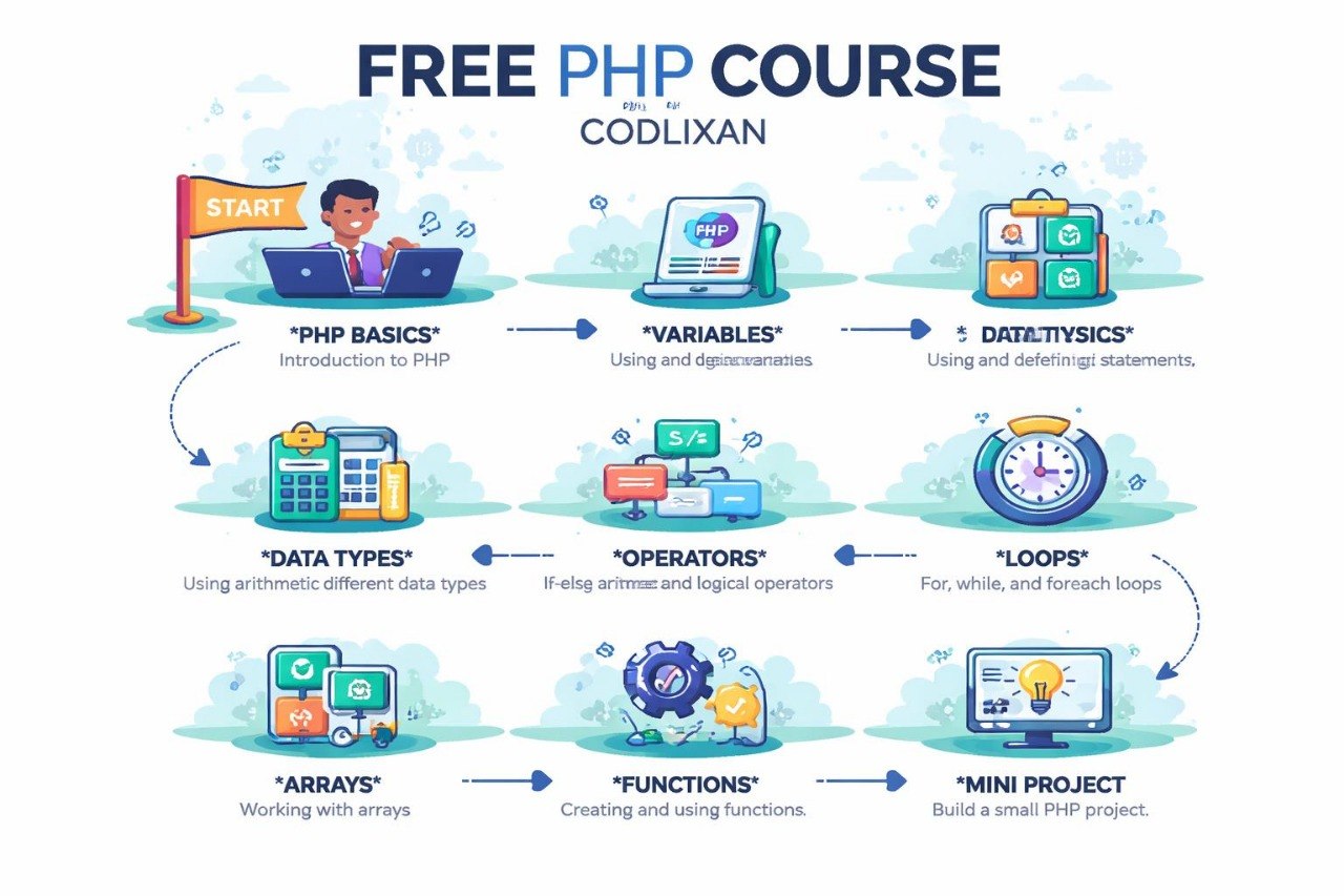 Free PHP course outline with various topics on a white background