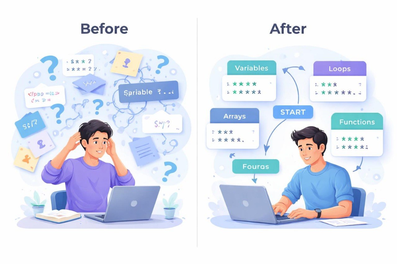 Illustration of a person struggling with coding on a laptop before, transitioning to a person learning programming concepts after.