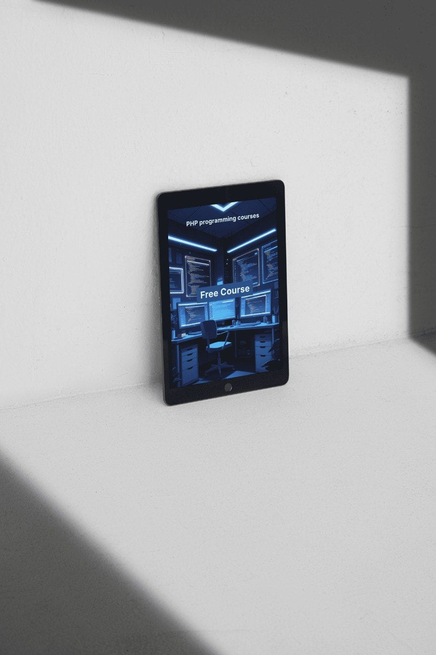 Tablet displaying a programming interface on a white surface
