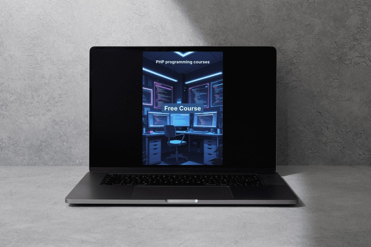 Laptop displaying a screen with 'Free Course' text on a gray background
