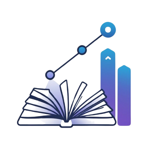 Icon of an open book with a chart and bar graph on a white background