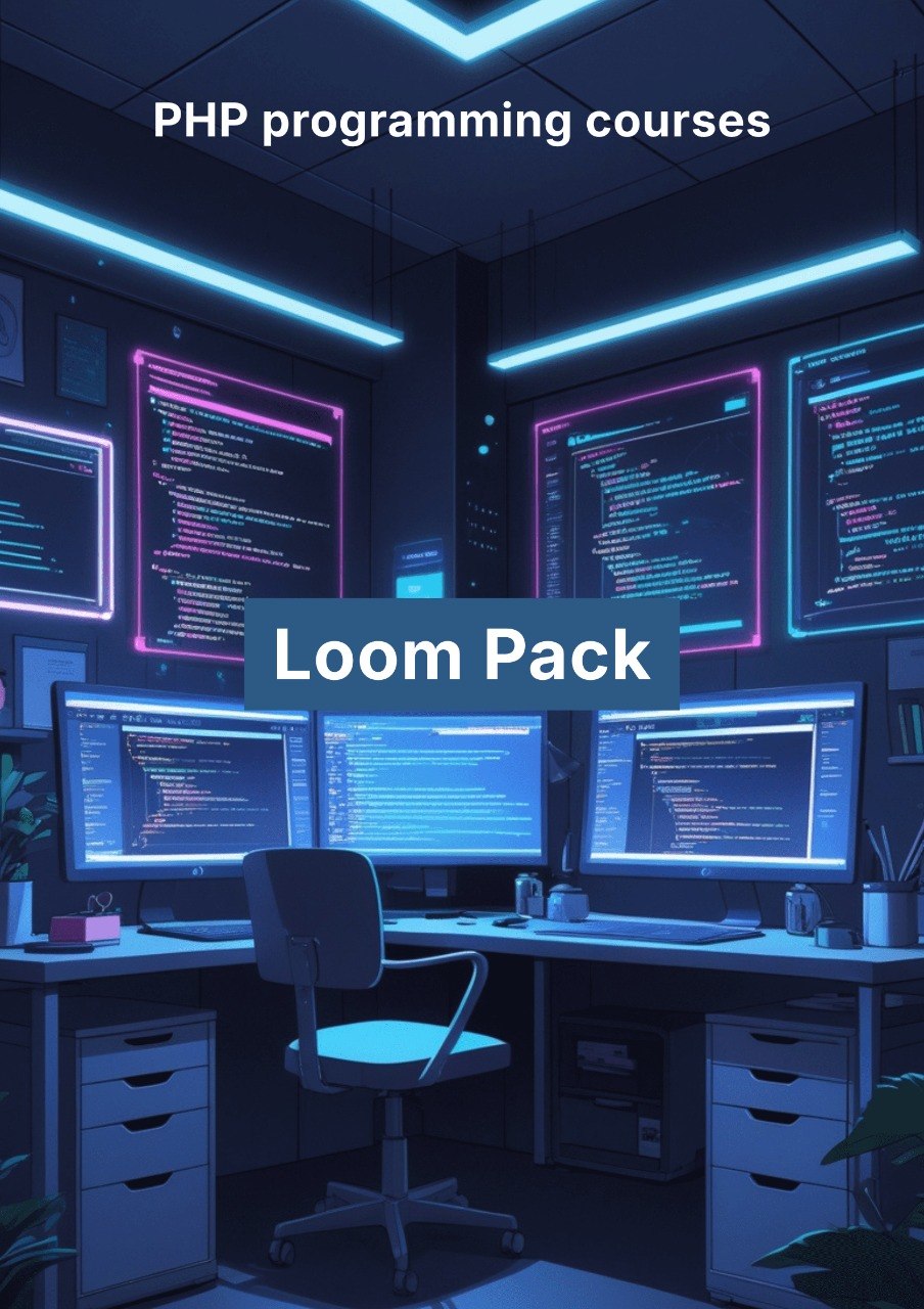 Dark room with multiple computer monitors displaying code, with 'PHP programming courses Loom Pack' text.