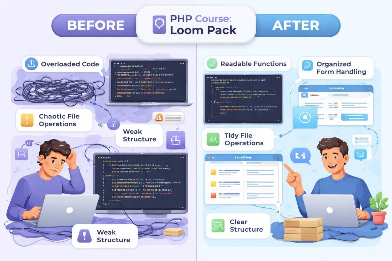 Before and after comparison of PHP code organization with a Loom Pack course.