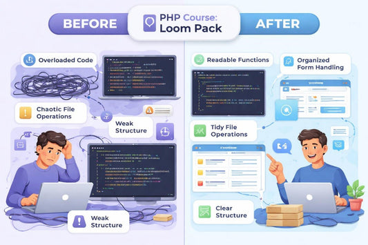 Before and after comparison of PHP code organization with a Loom Pack course.