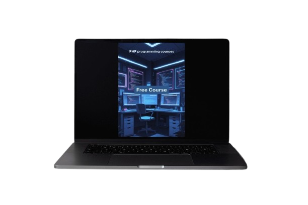 Laptop displaying a computer screen with 'Free Course' text on a white background