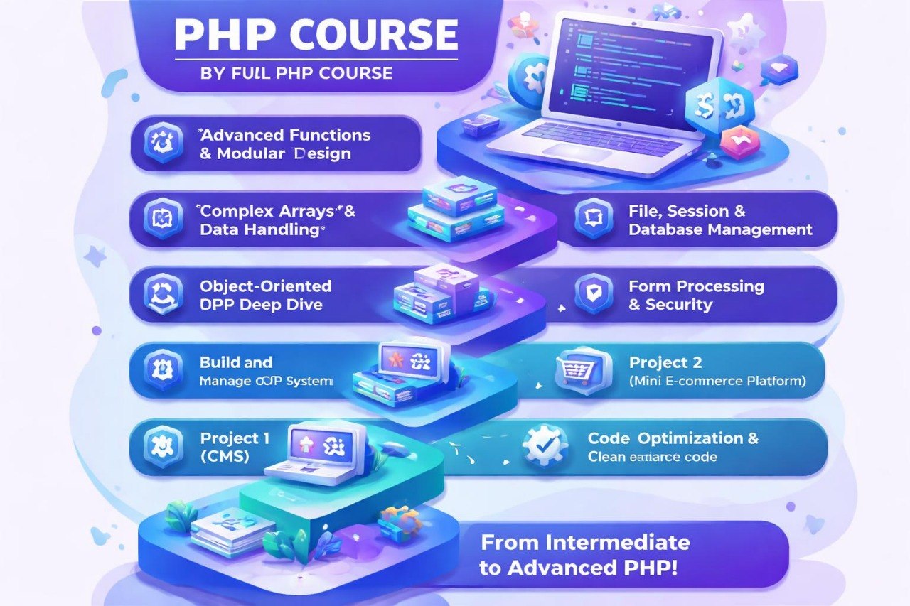 PHP course outline with modules and technology icons on a blue and purple background