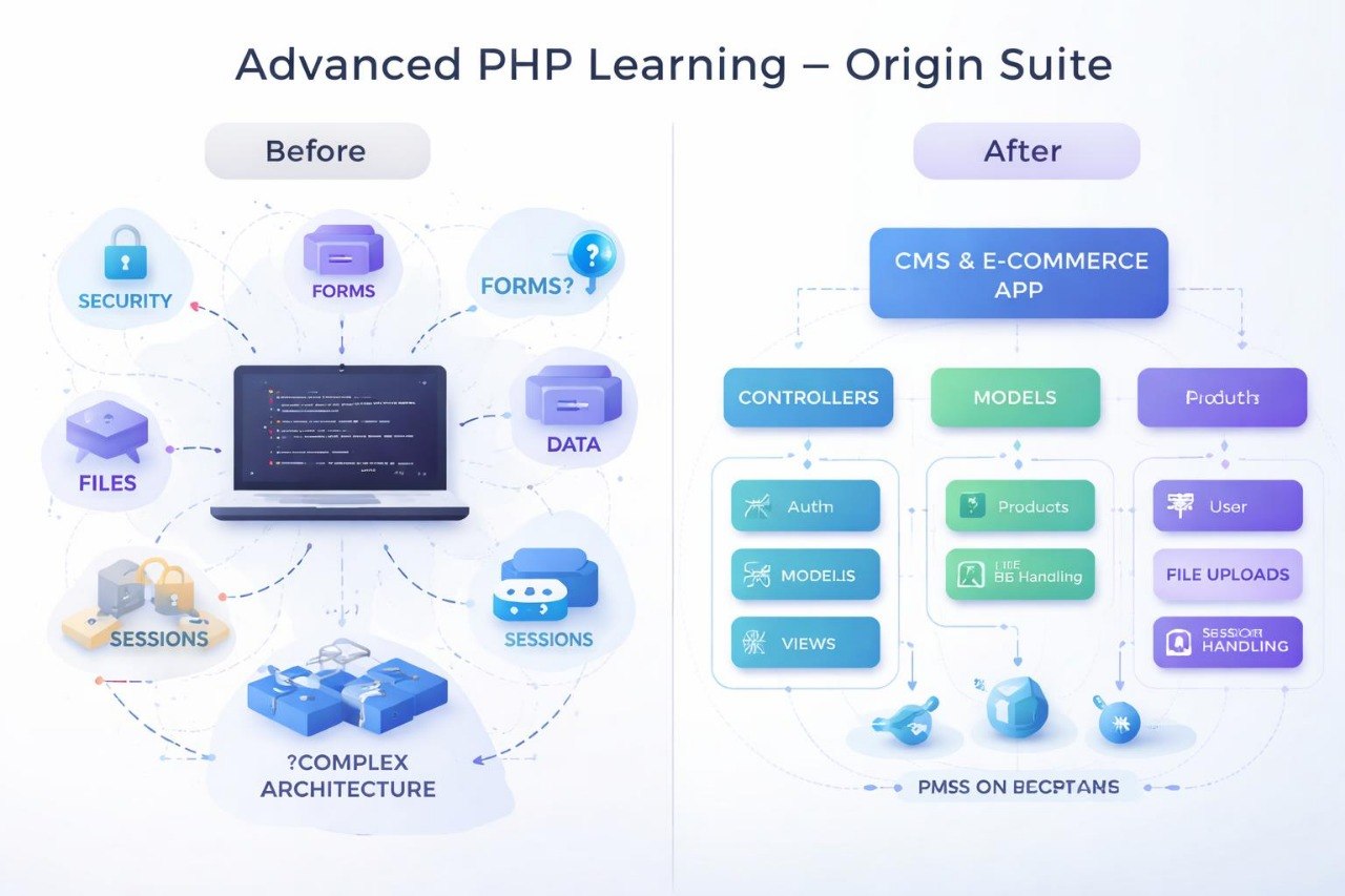 Diagram comparing 'Before' and 'After' stages of advanced PHP learning with 'Origin Suite'.
