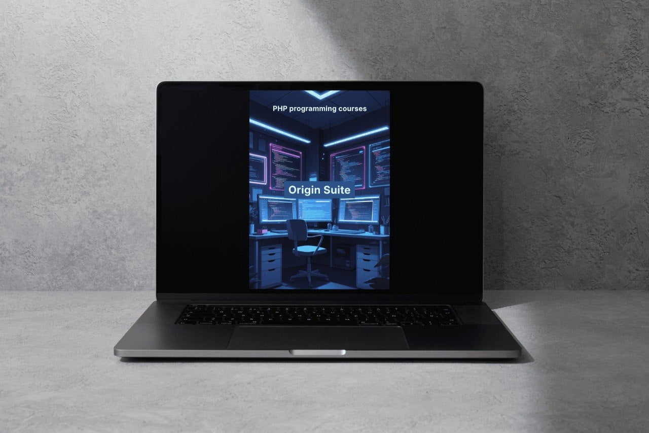 Laptop displaying a software suite interface on a gray surface with a gray background