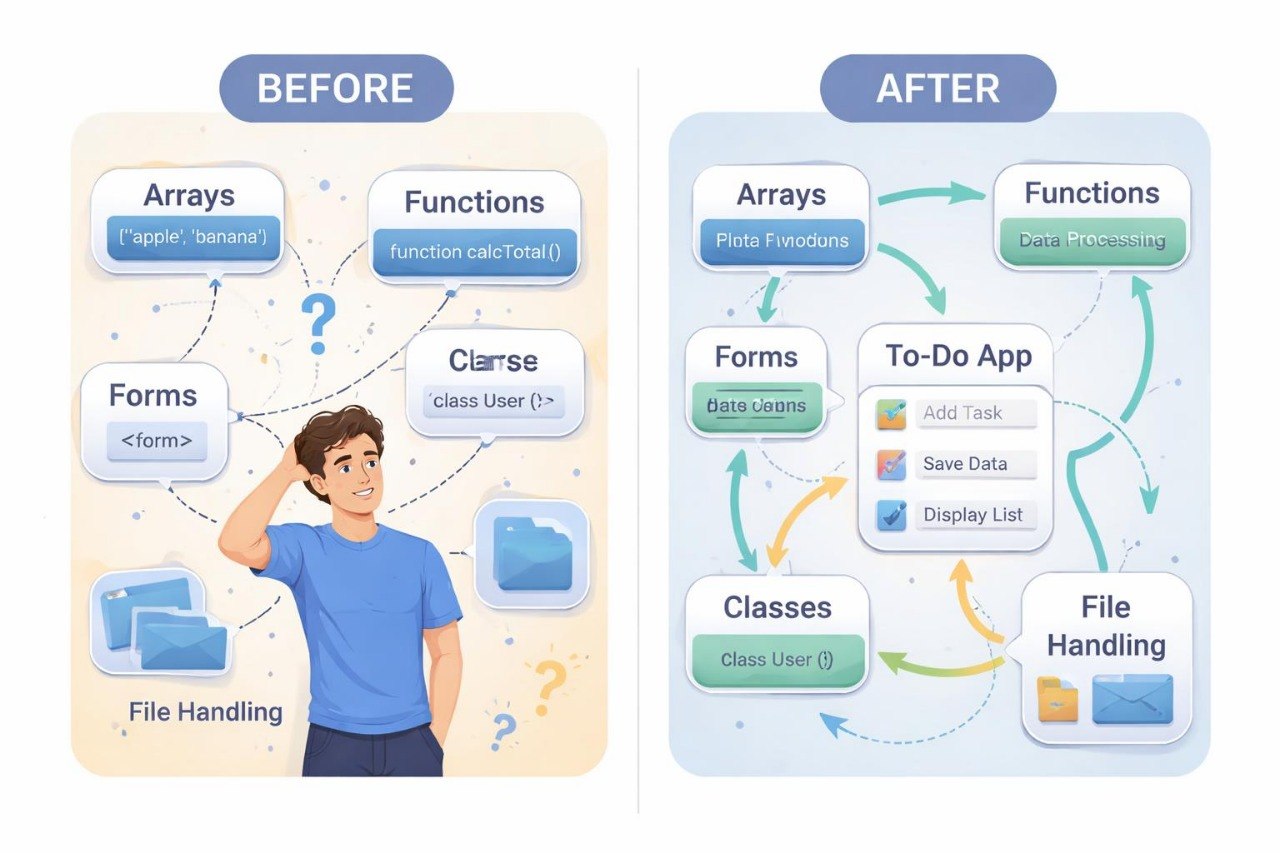 Before and after comparison of software development concepts with a person looking confused.