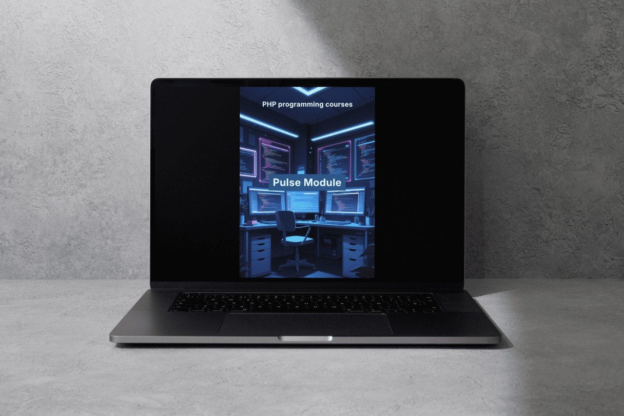 Laptop with a dark screen displaying text on a gray surface and background