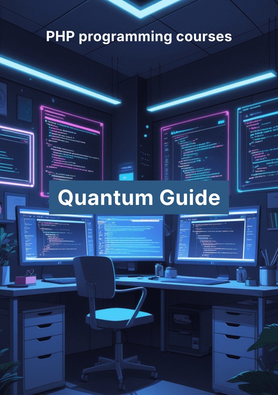 Modern office setup with multiple computer monitors displaying code, with 'PHP programming courses Quantum Guide' text.