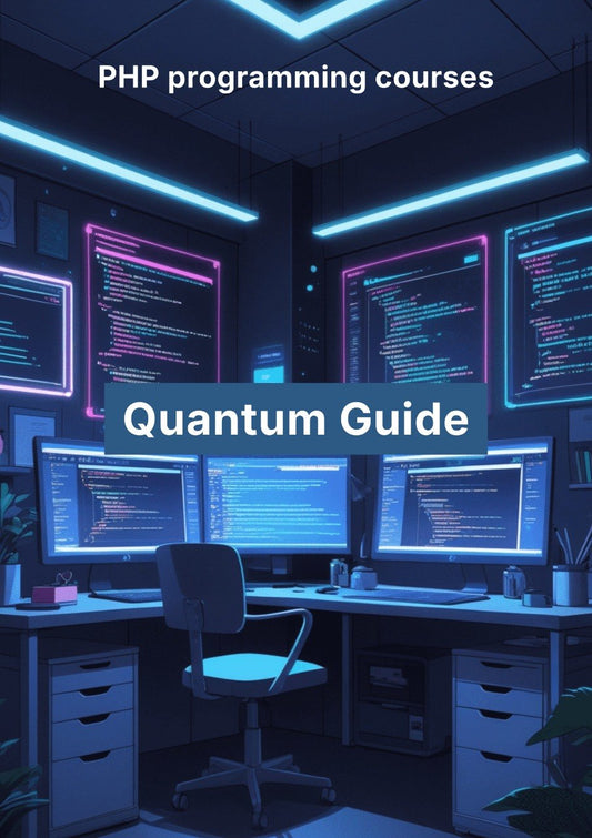 Modern office setup with multiple computer monitors displaying code, with 'PHP programming courses Quantum Guide' text.