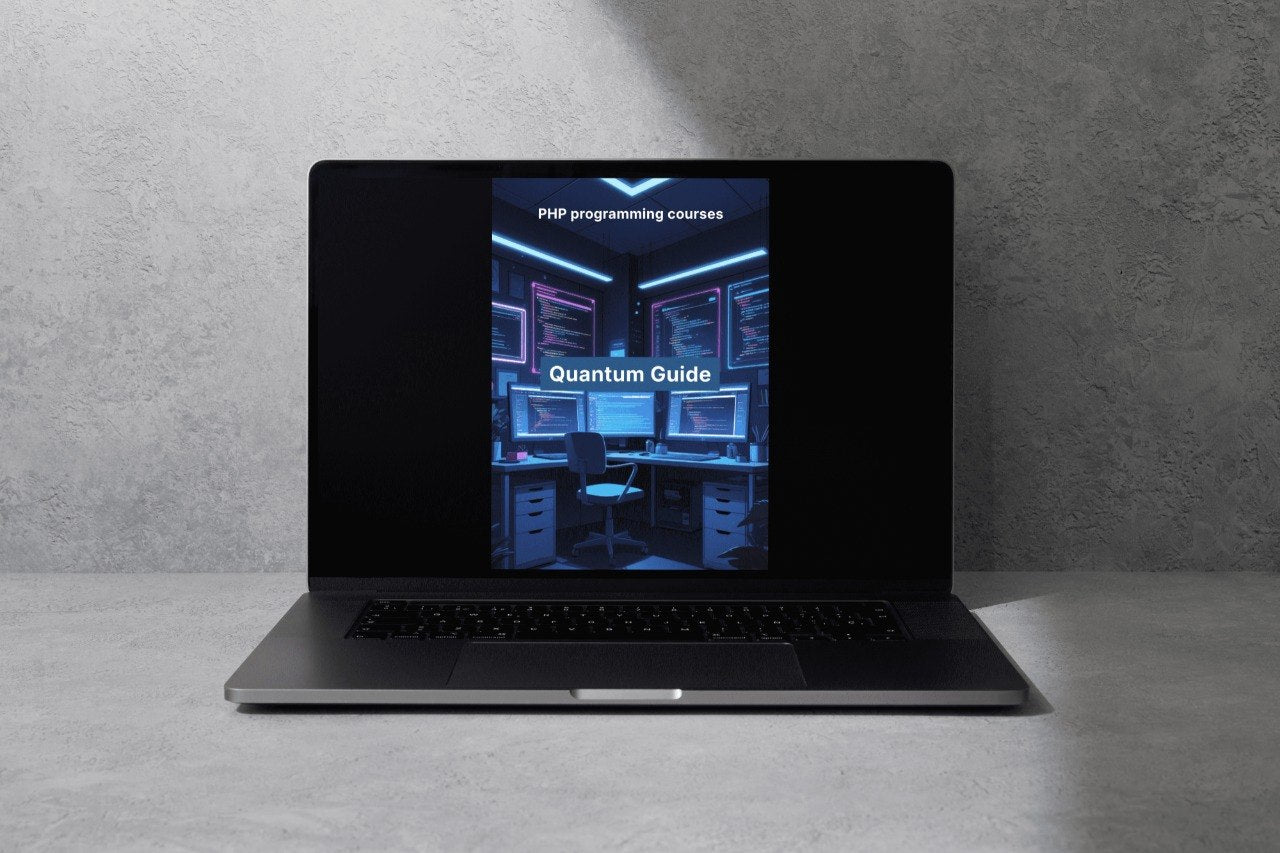 Laptop displaying a quantum guide on a gray surface with a gray background