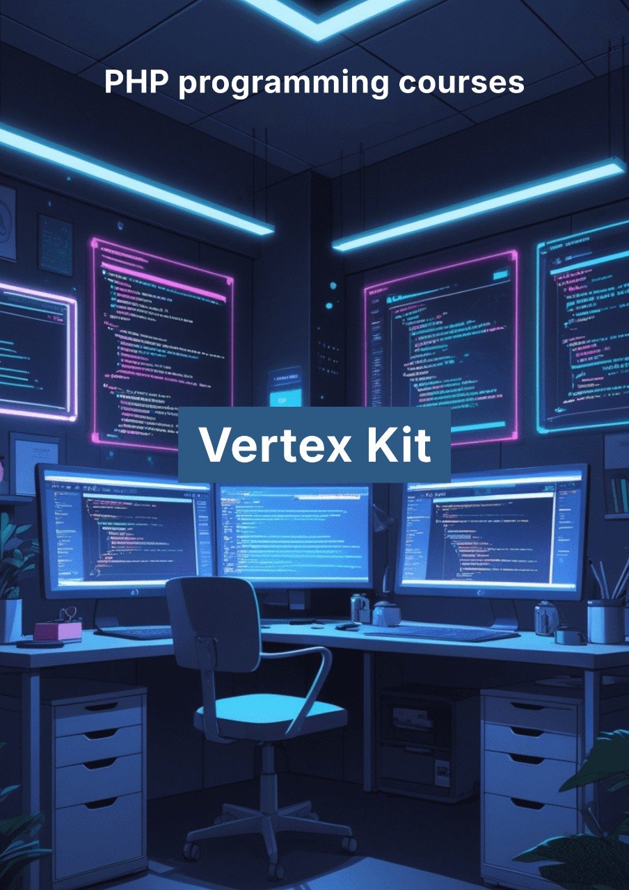 Modern office setup with multiple computer monitors displaying code, featuring 'Vertex Kit' for PHP programming courses.
