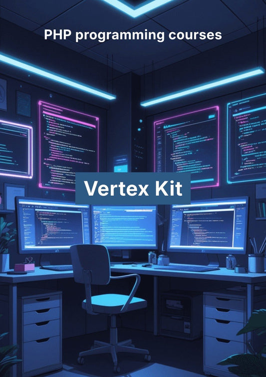 Modern office setup with multiple computer monitors displaying code, featuring 'Vertex Kit' for PHP programming courses.