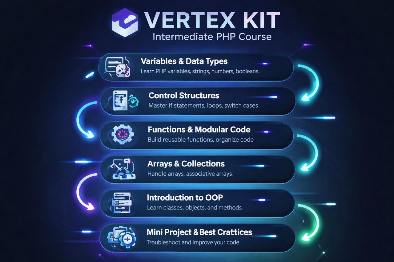 Vertex Kit Intermediate PHP Course outline with icons and text on a dark background