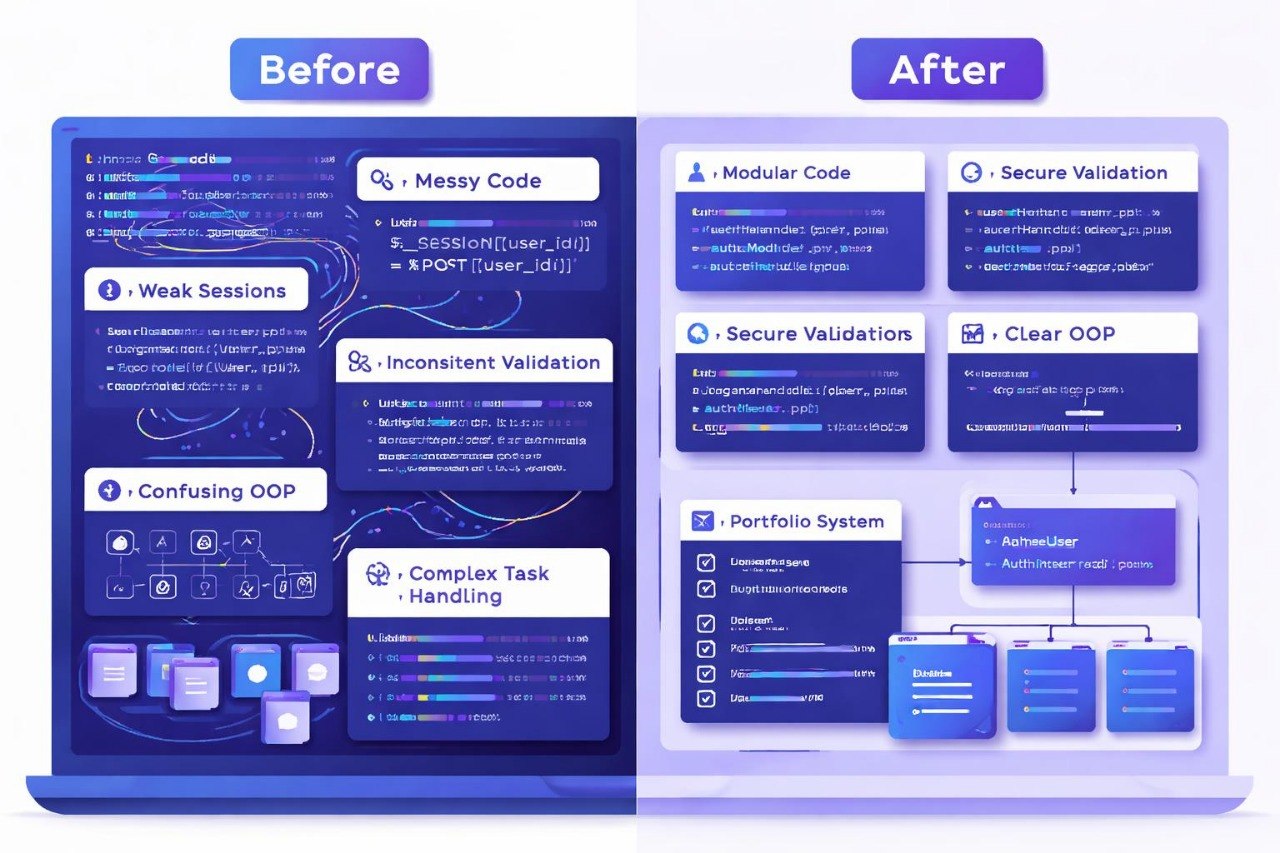 Comparison of messy code to modular code with security improvements on a blue background.