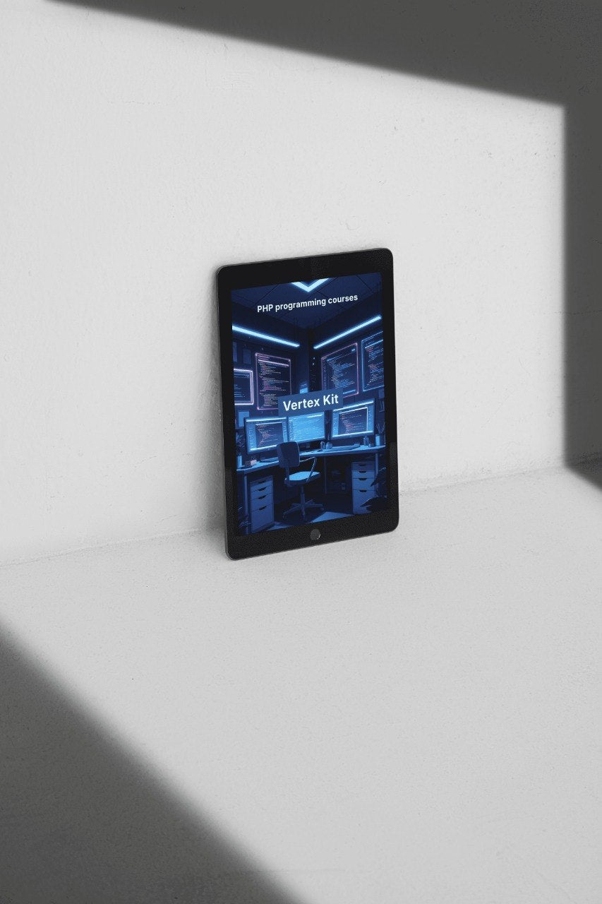 Tablet displaying a programming interface on a white surface