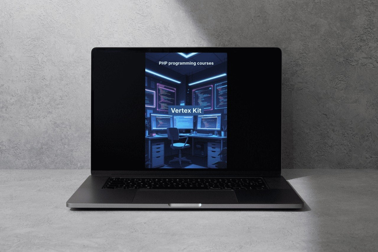 Laptop with a screen displaying 'Vertex Kit' on a gray surface and background